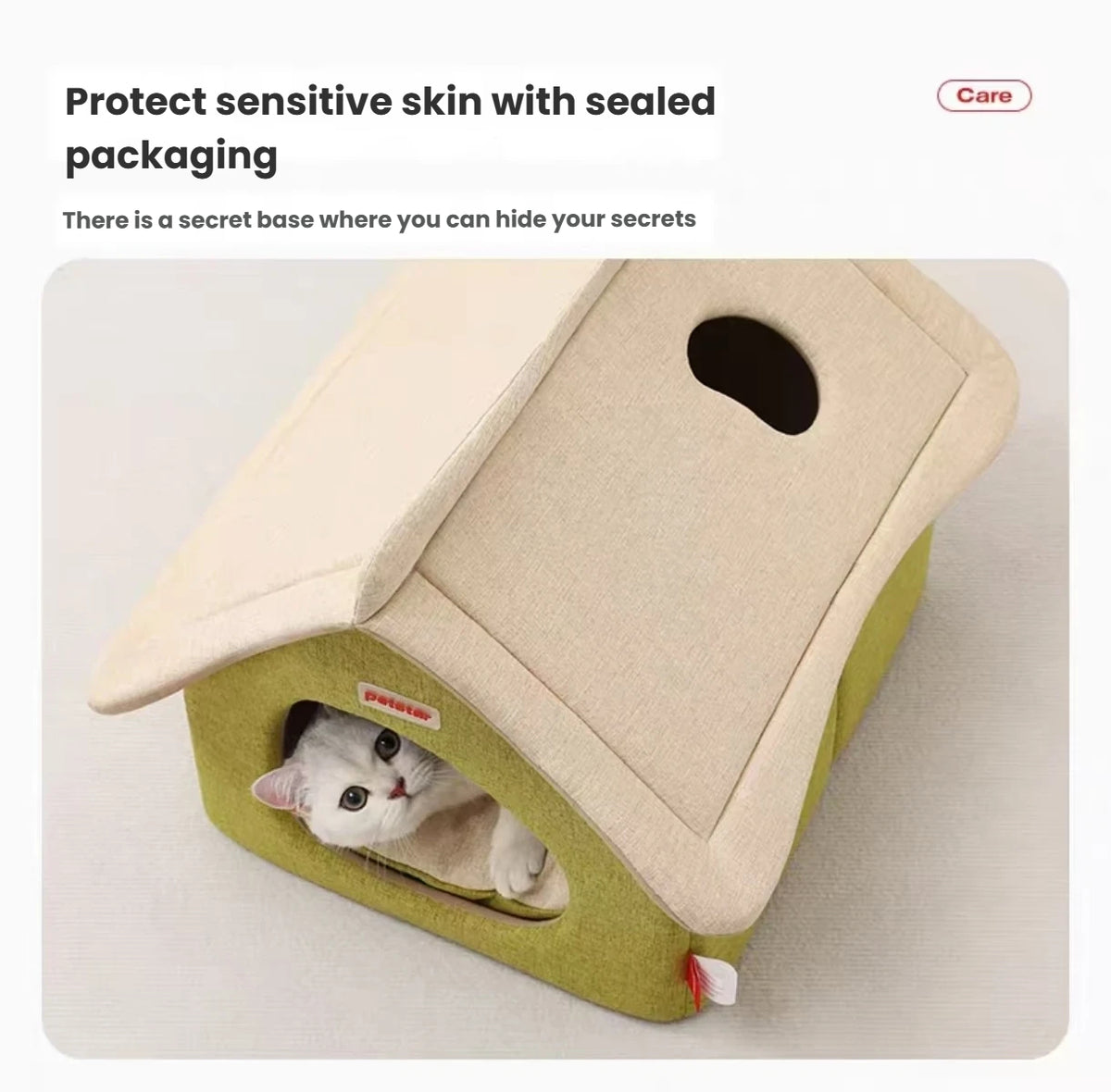 Overhead view of a cat looking out from a Petstar house bed