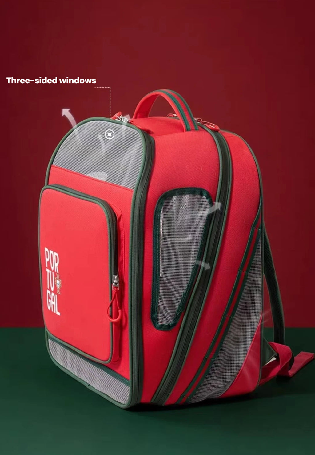 Red Portugal pet carrier showing mesh panels on three sides