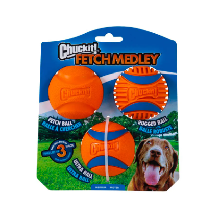 Chuckit Fetch Medley three-pack with Fetch, Rugged and Ultra balls in retail packaging