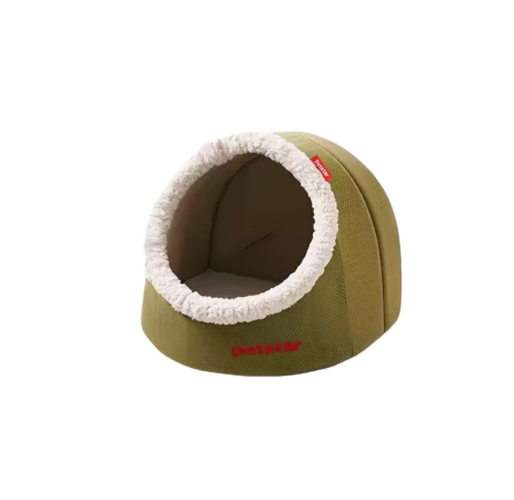Green Petstar cat cave bed with a round plush-lined entrance