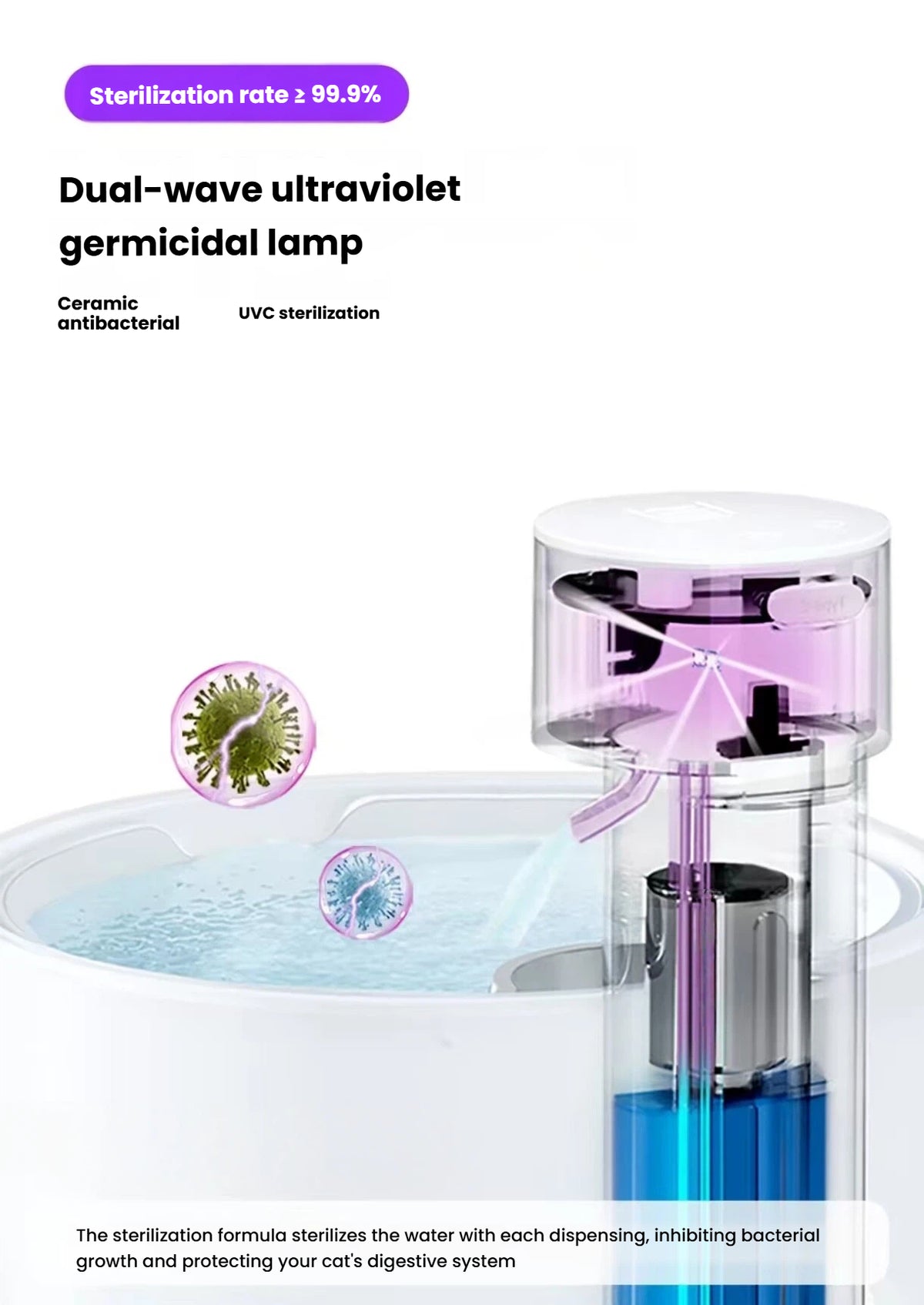 Ultraviolet sterilising pump module in the ceramic cat fountain