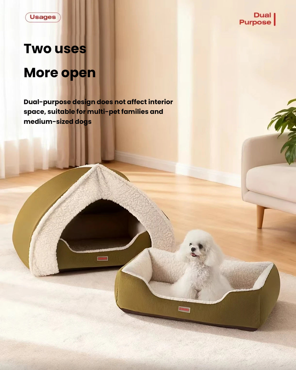 Petstar bed shown as a covered tent and an open bed with a small dog