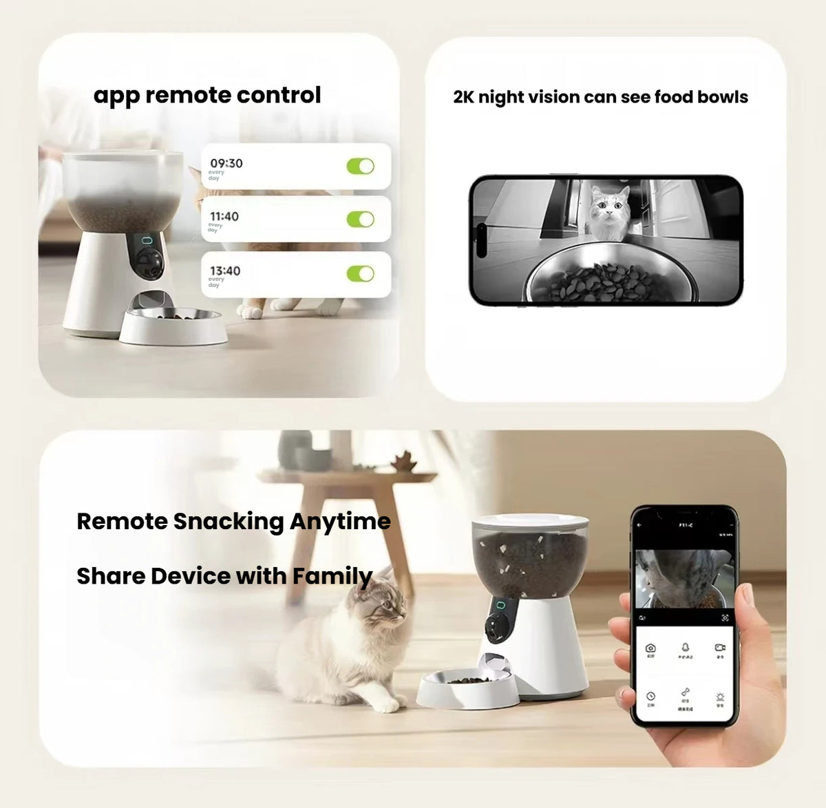 Petwant app feeding controls and camera views of a cat at the bowl