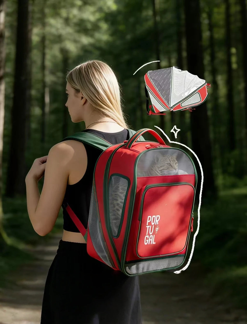 Person wearing a red Portugal pet backpack with a cat visible through the mesh