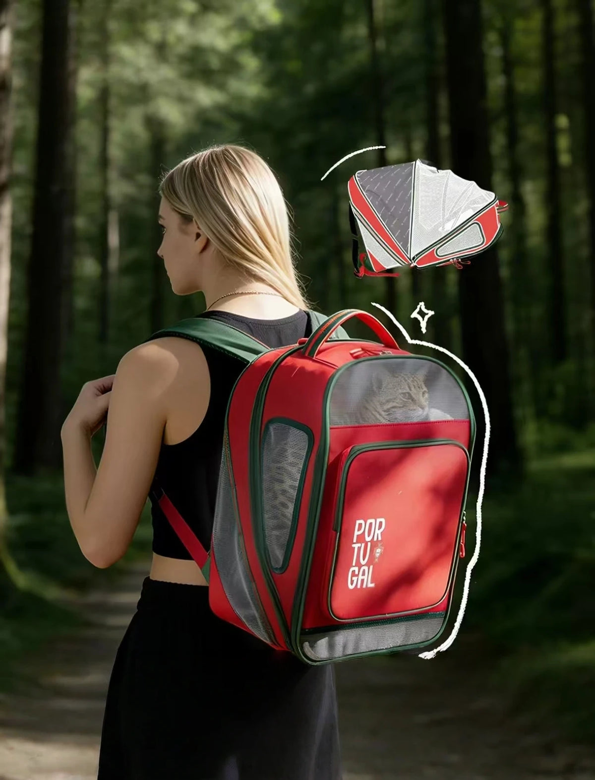 Person wearing a red Portugal pet backpack with a cat visible through the mesh