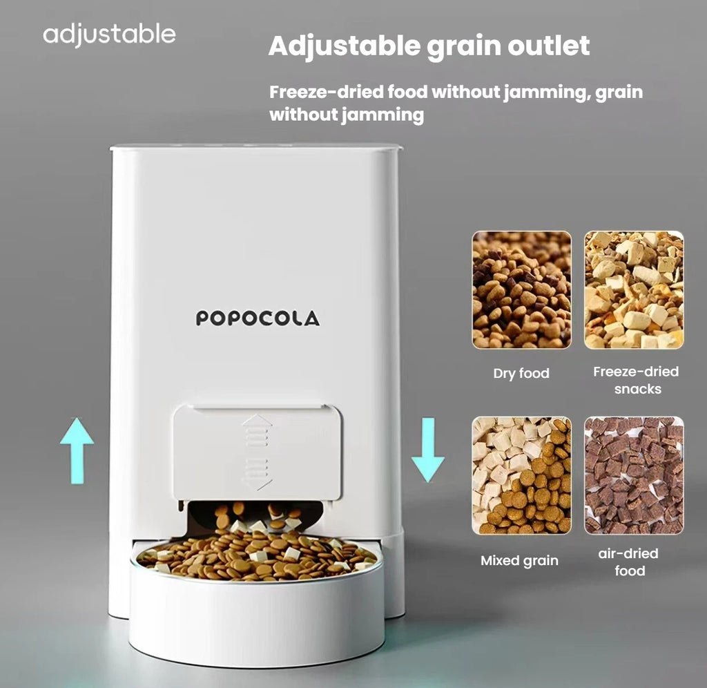 Adjustable dry-food outlet on the Popocola automatic feeder