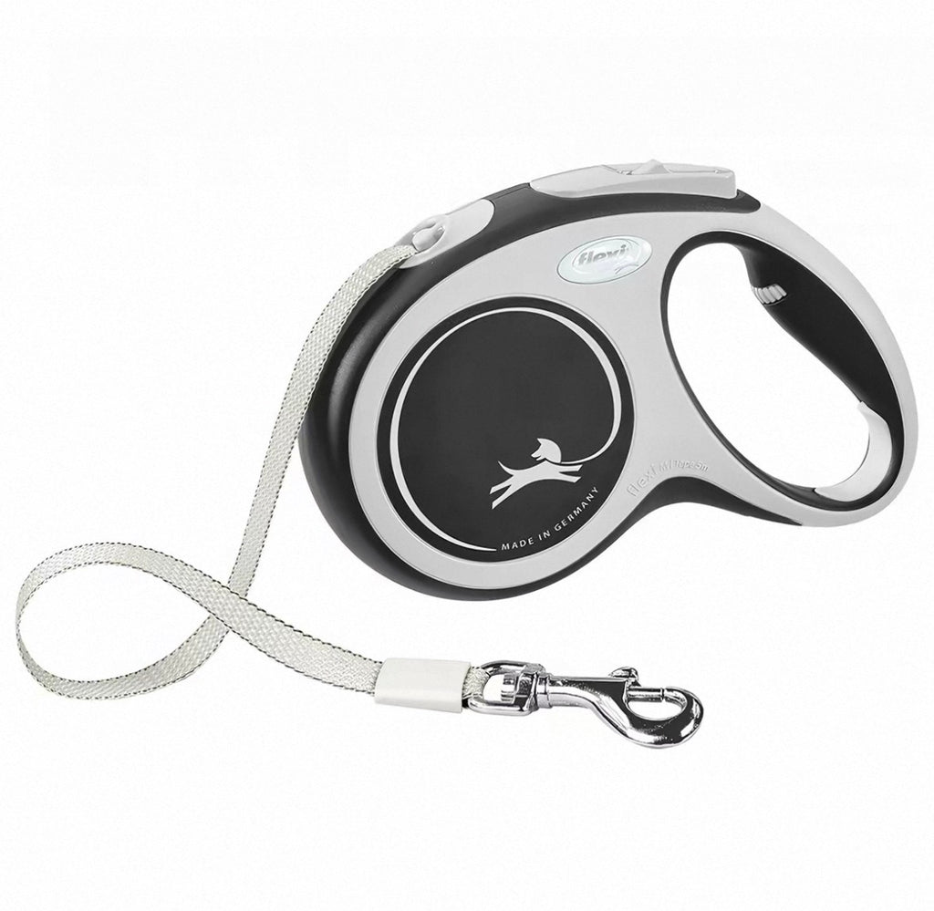 Black and grey Flexi Comfort retractable tape lead with silver clip