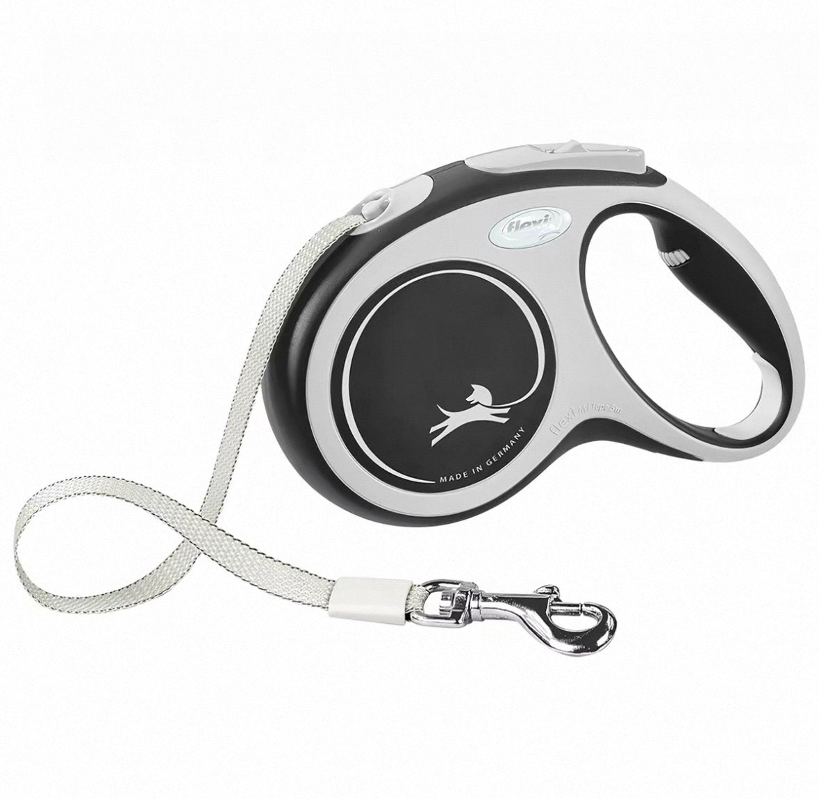 Black and grey Flexi Comfort retractable tape lead with silver clip