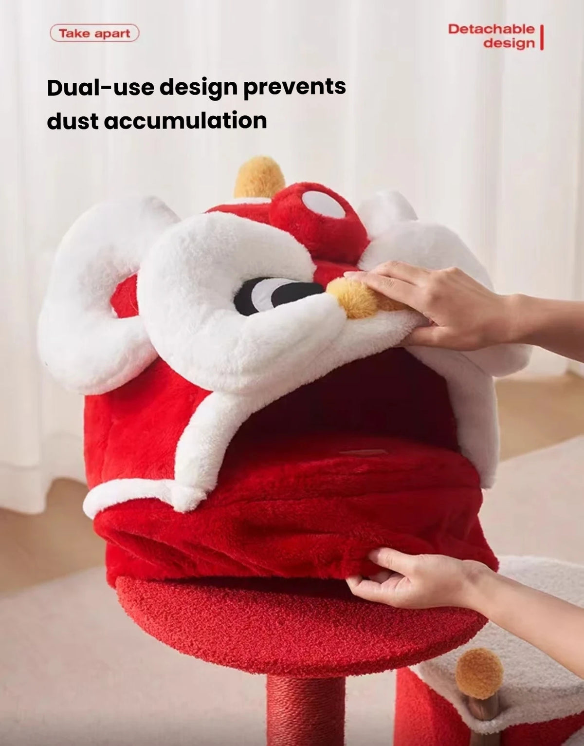 Hands lifting the removable plush lion-head cover from the perch