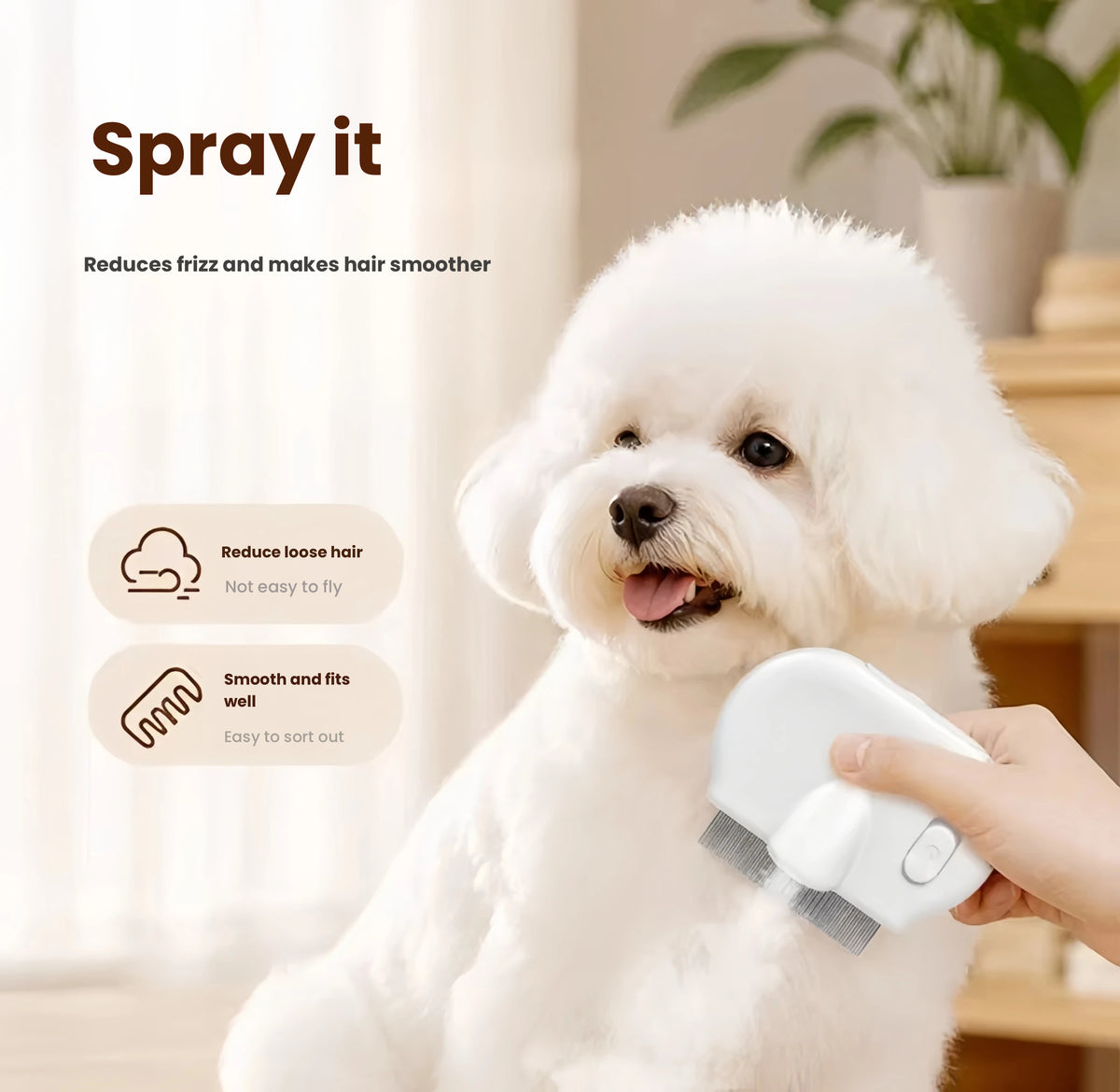 Spray Grooming Comb for Cats & Dogs, Deshedding & Detangling Brush