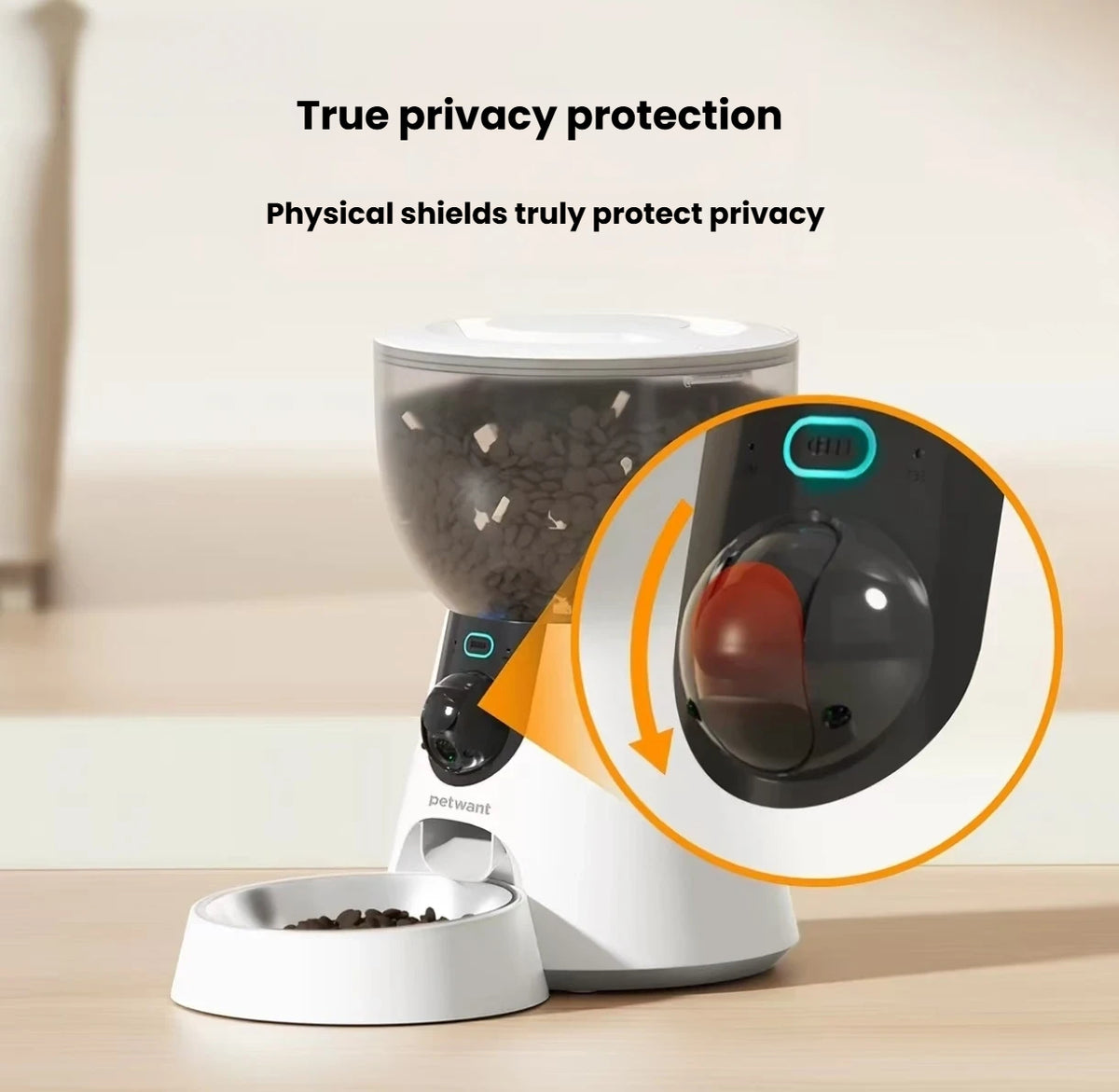 Close-up of the physical privacy cover over the Petwant feeder camera