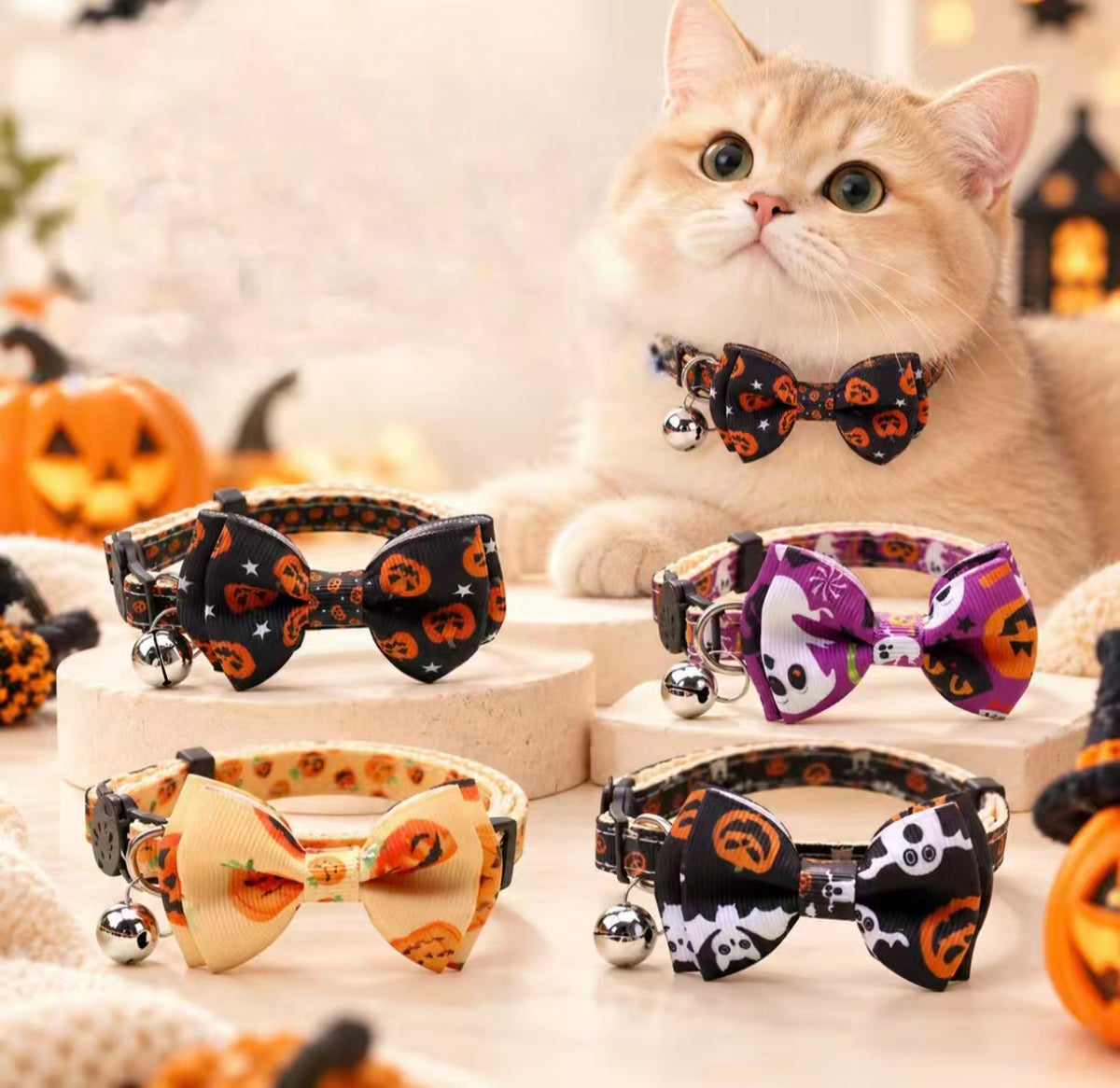 Halloween Pet Collar with Bow Bell, Pumpkin Ghost Cat Accessory