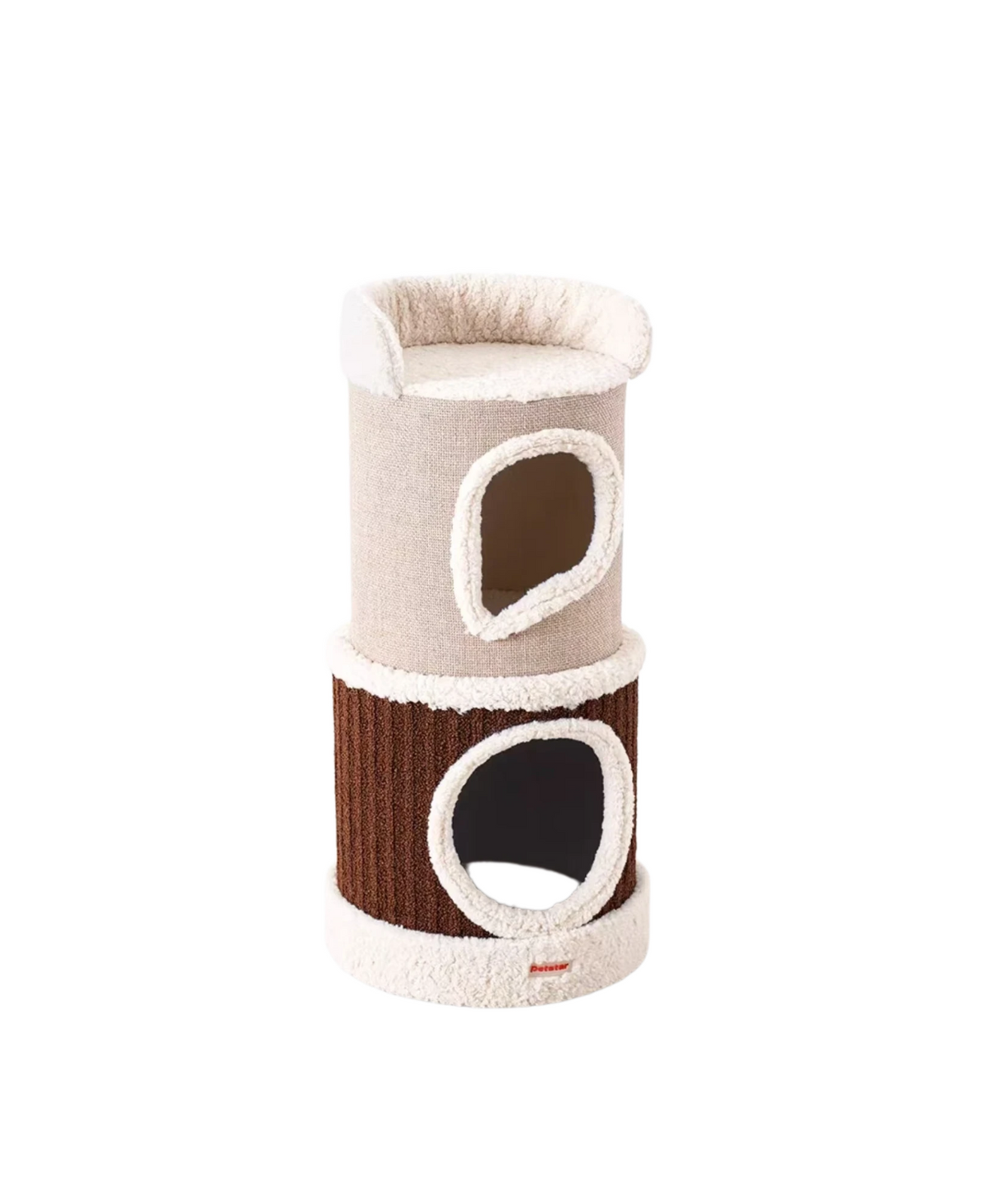 Stacked white and brown Petstar cat house with two openings and a padded top perch