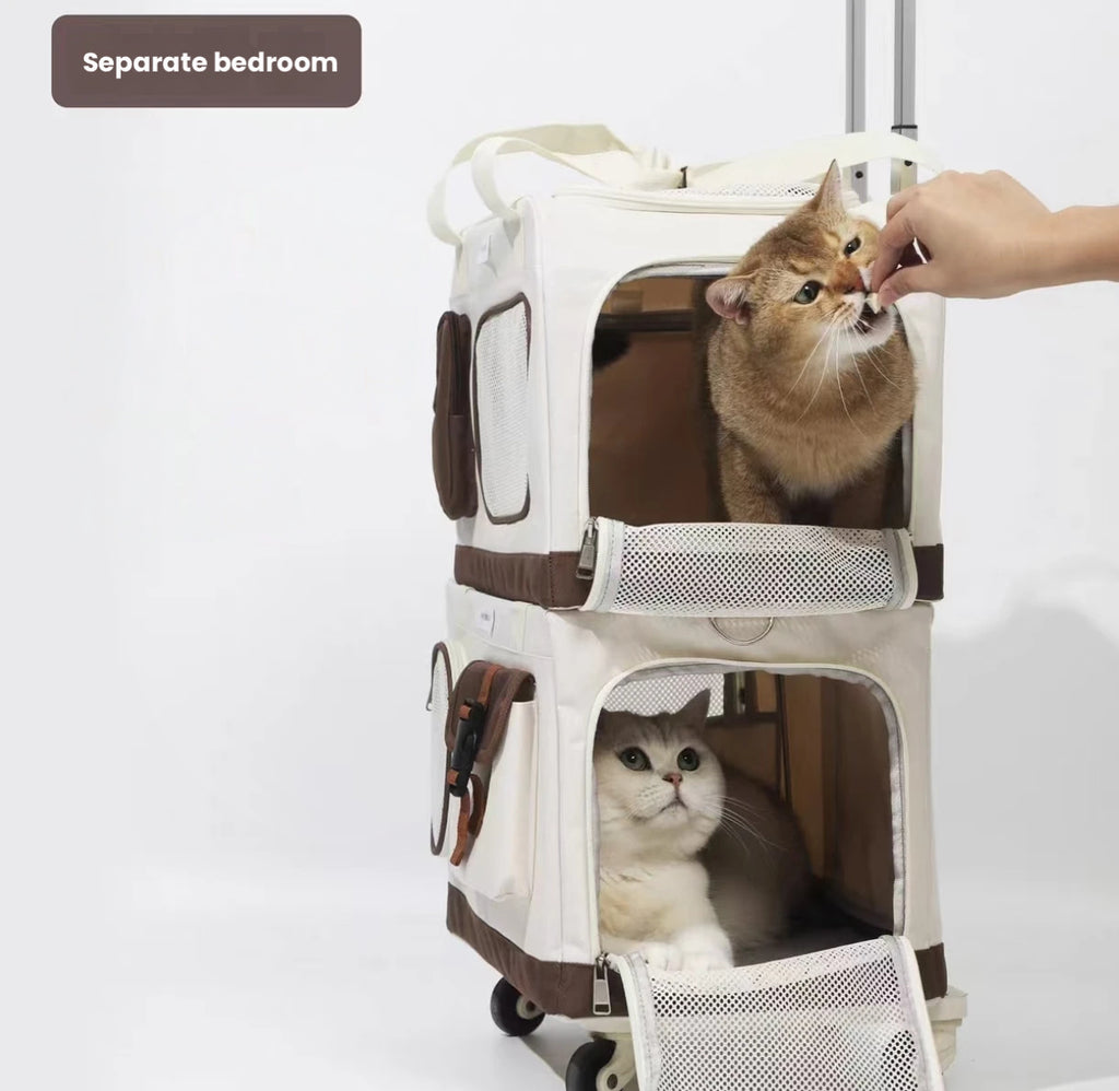 Double-Layer Cat Carrier with Wheels: Large, Breathable Pet Travel Bag