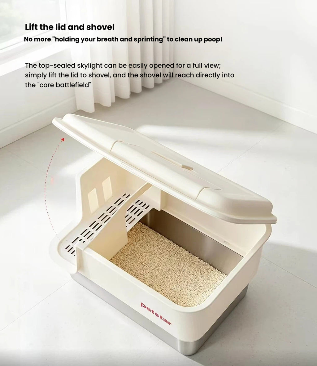 Petstar Stainless Steel Semi-Enclosed Cat Litter Box, Odor Control