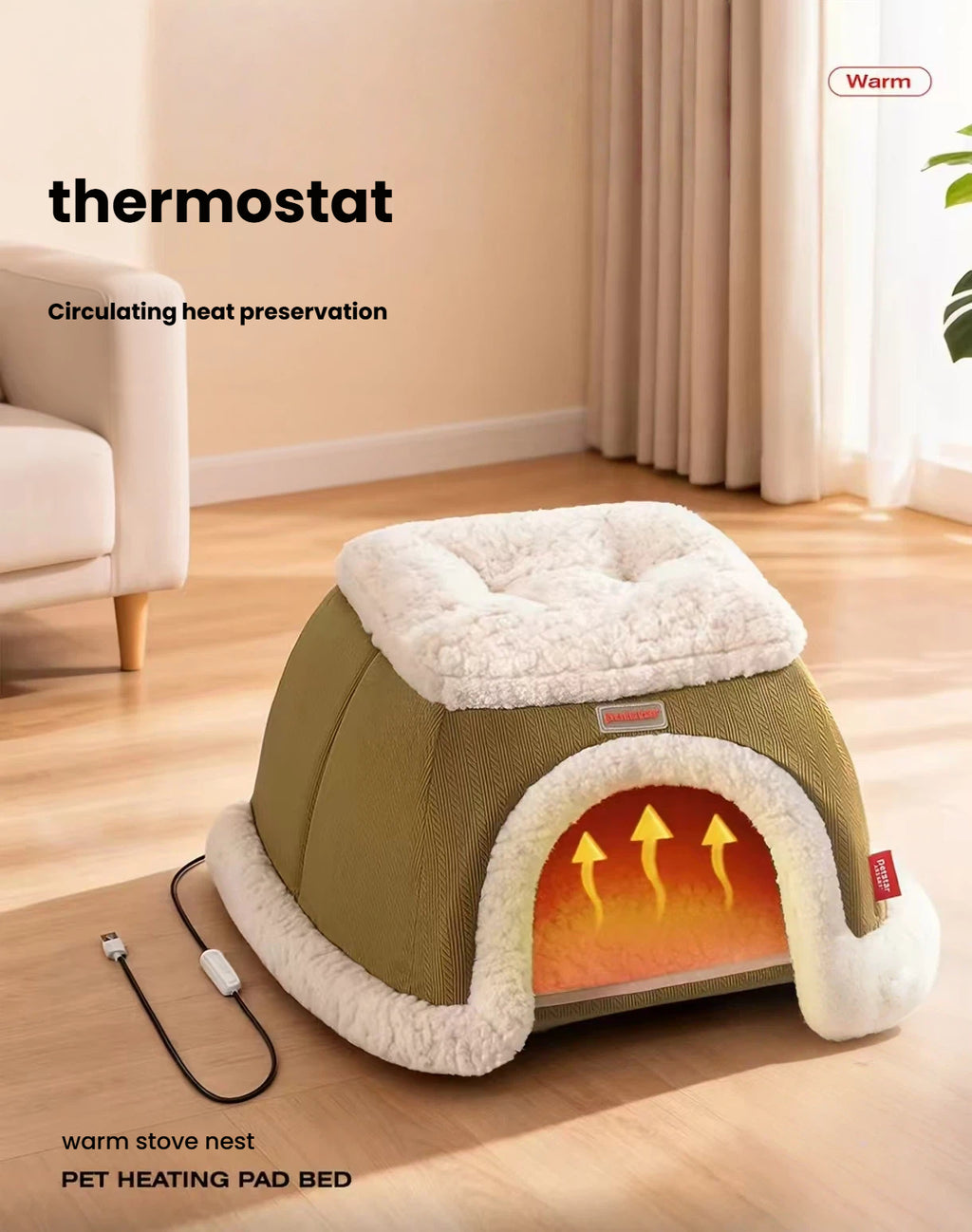 Petstar heated cat house showing the power cable beside the bed