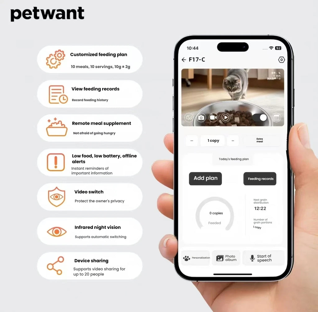 Petwant F17-C feeding app screen with schedule and camera controls