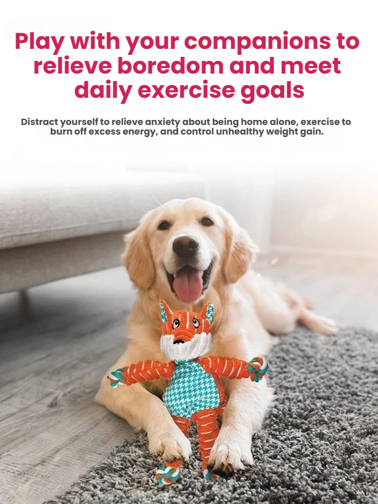 Golden retriever lying with an orange KONG Floppy Knots Fox toy