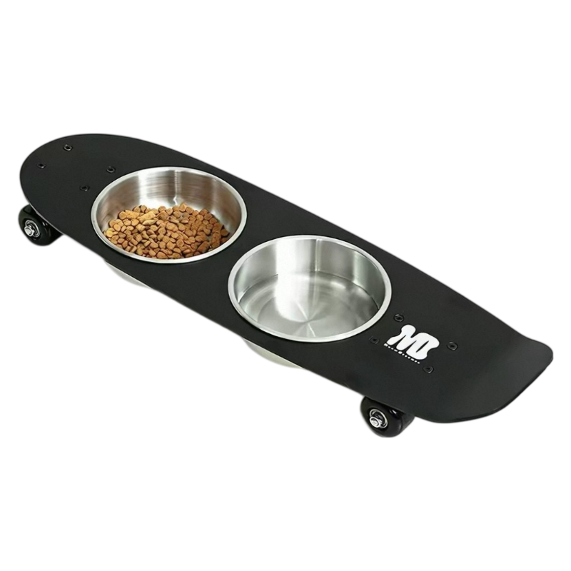 Mies Skateboard-Style Double Pet Bowls – 304 Stainless Steel Bowls with Aluminium Stand