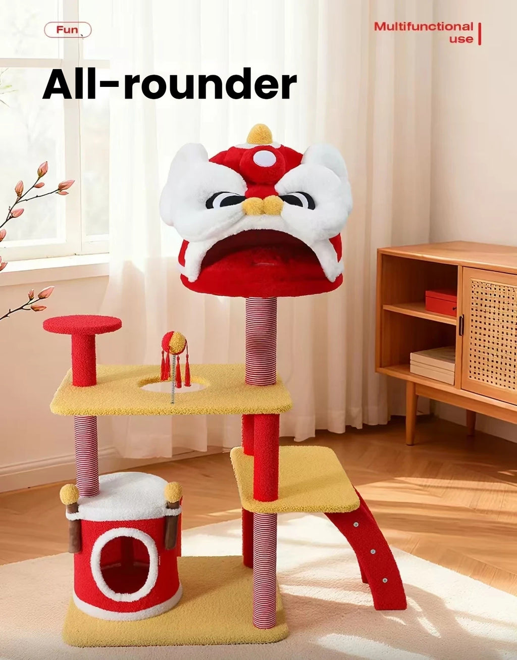 Large Petstar Lion Dance cat tree with platforms, ramp and red-and-white perch