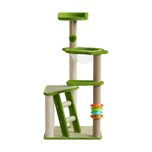 Green two-tier elevated cat bed and tall cat tree