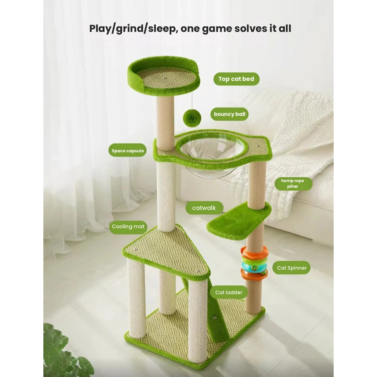 Indoor green cat tree showing climbing and play areas