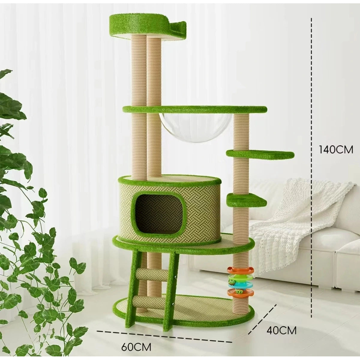 Green cat tree option with enclosed bed and 140cm height shown