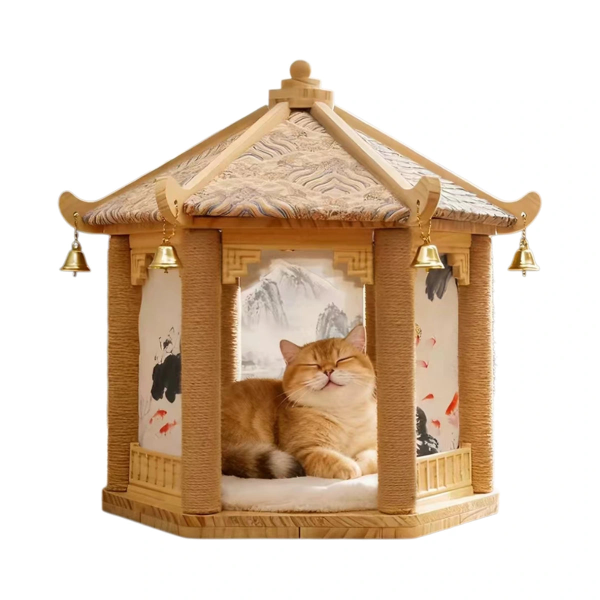 Hexagonal wooden cat house with sisal scratching panels