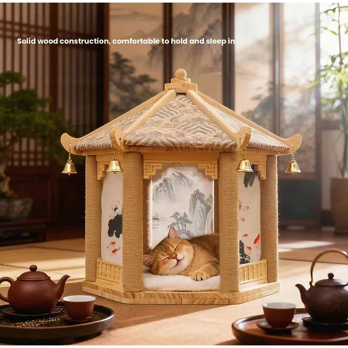 Cat resting inside the wooden cat house