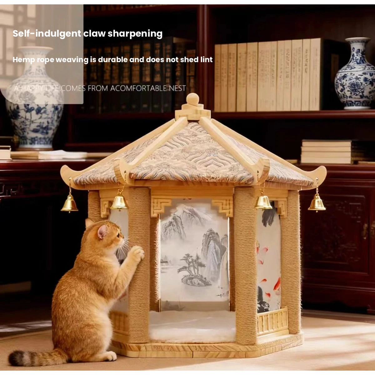 Cat beside the hexagonal wooden cat house