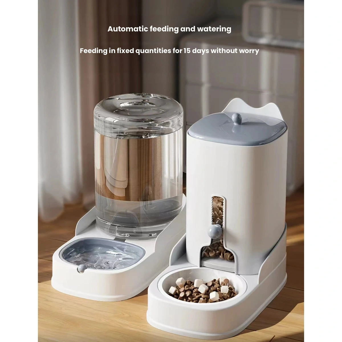 Grey non-electric pet waterer and feeder with clear reservoirs
