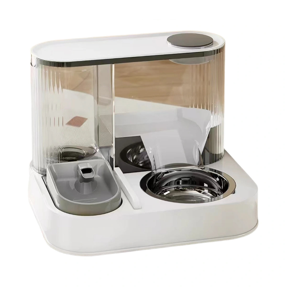 Grey automatic pet feeder and water fountain station