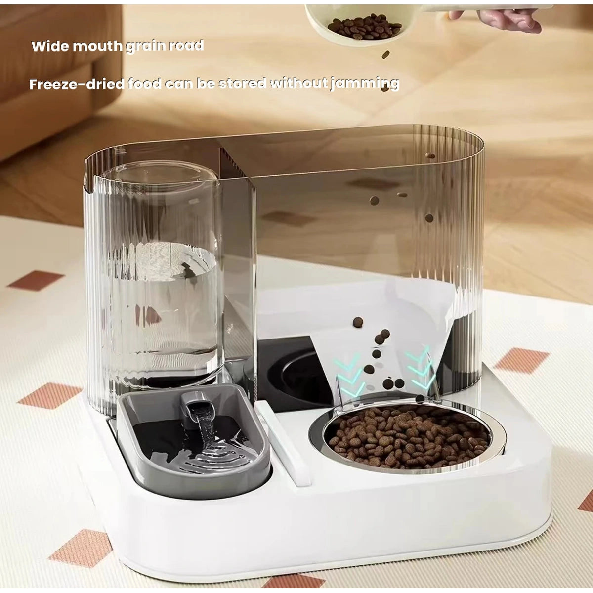 Wide feeding base with dry-food and water bowls