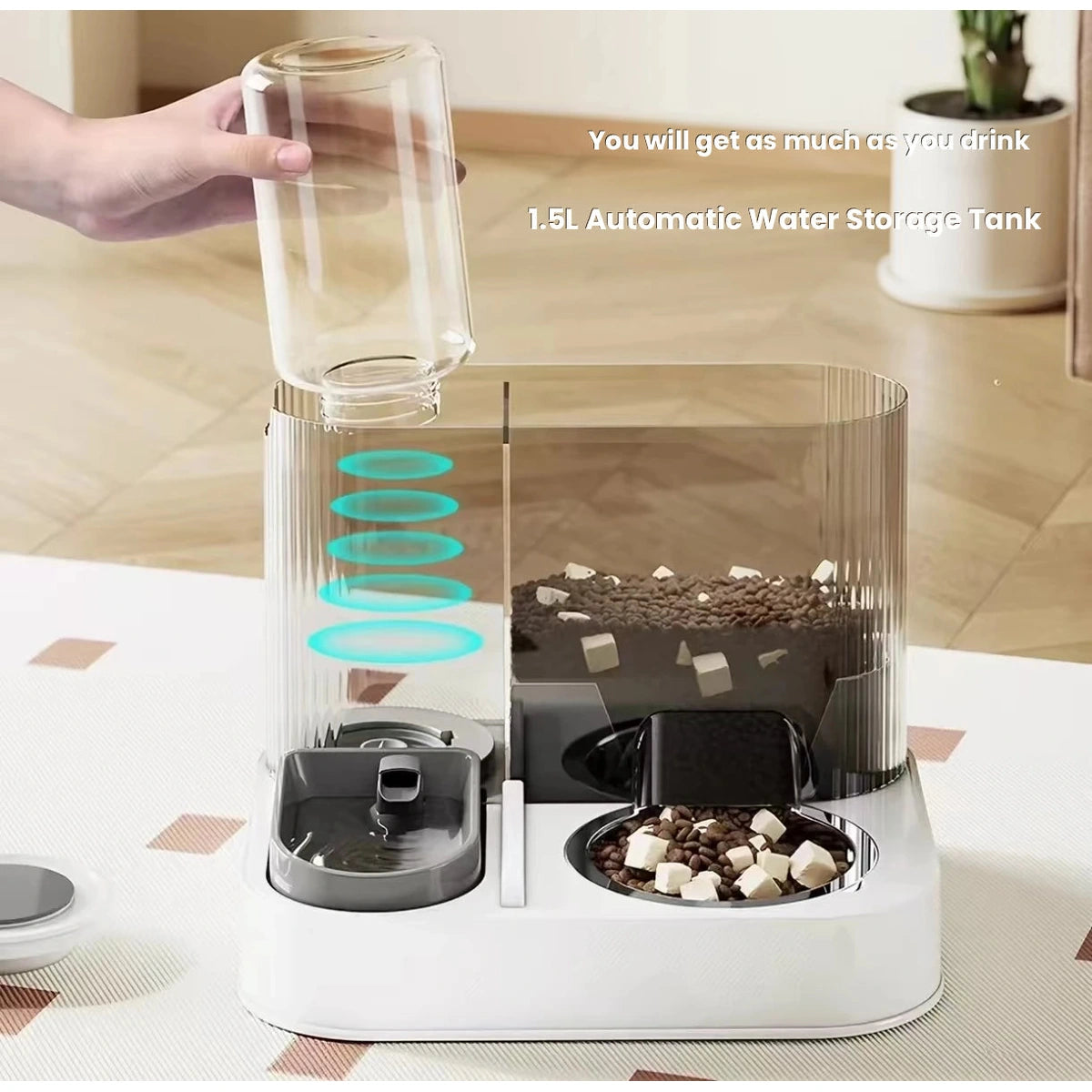 Clear food reservoir replenishing the pet feeder bowl
