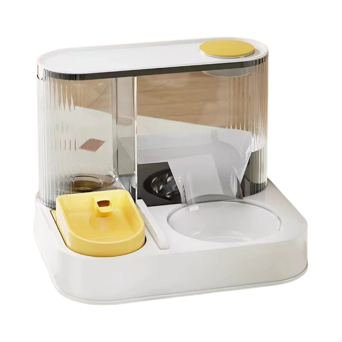 Yellow automatic pet feeder and water fountain station