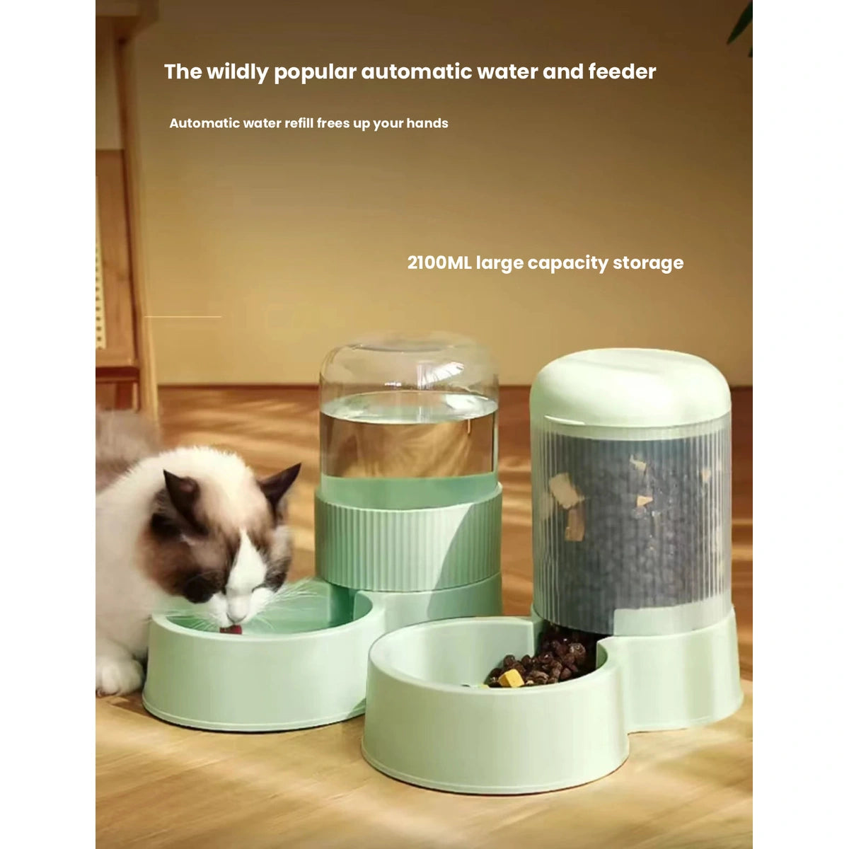 Cat beside the green pet feeder and water station