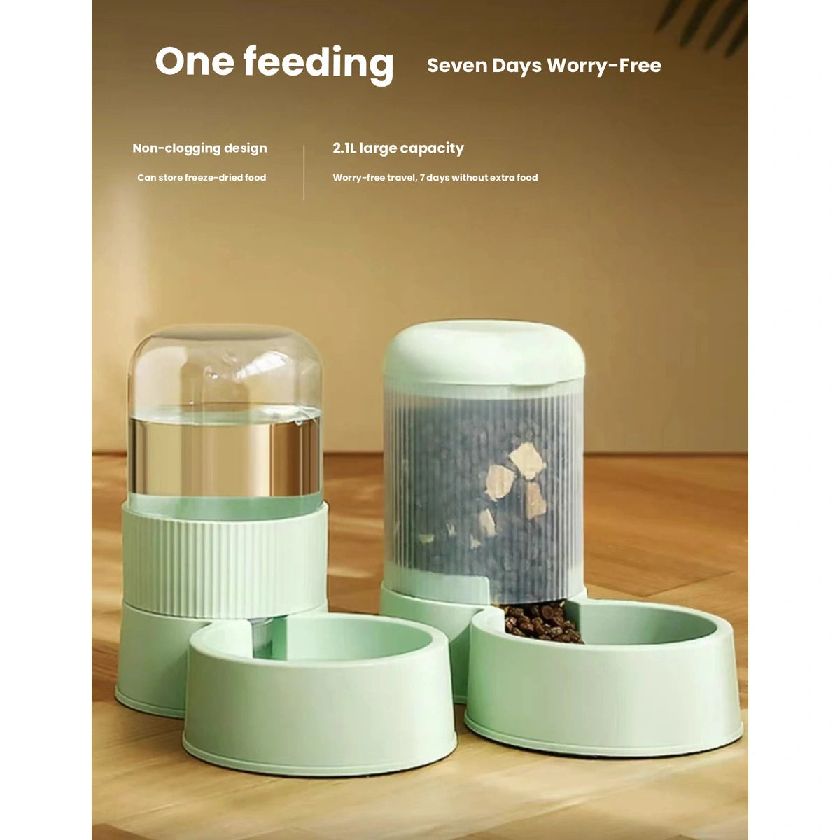 Green pet feeder reservoirs supplying food and water bowls