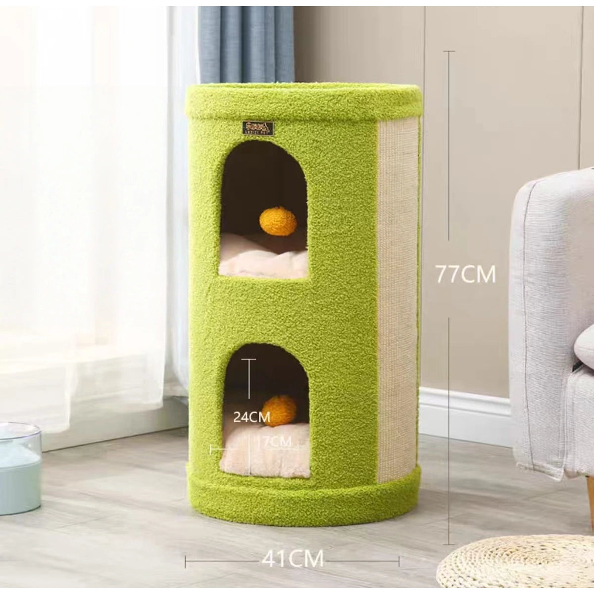 Green cylindrical sisal cat tree with raised top perch