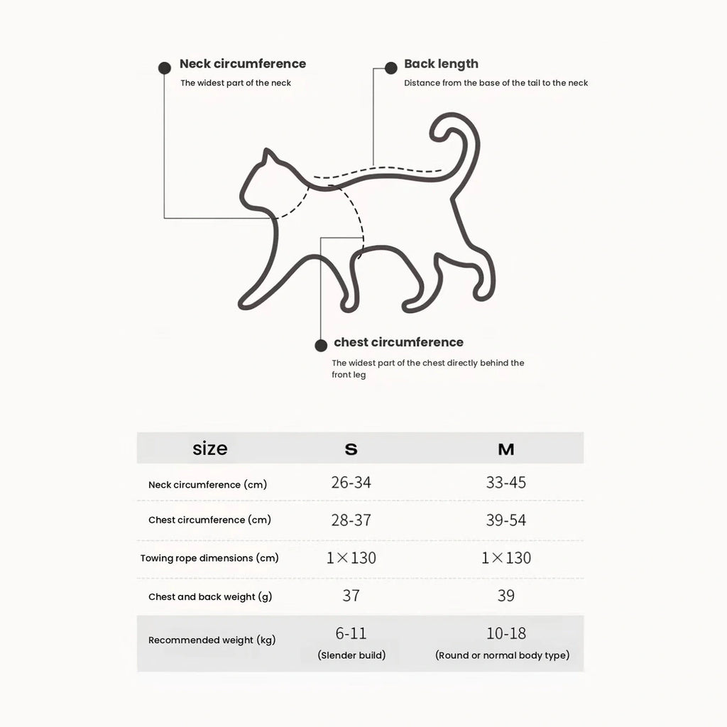Petstar cat harness size chart for S and M options