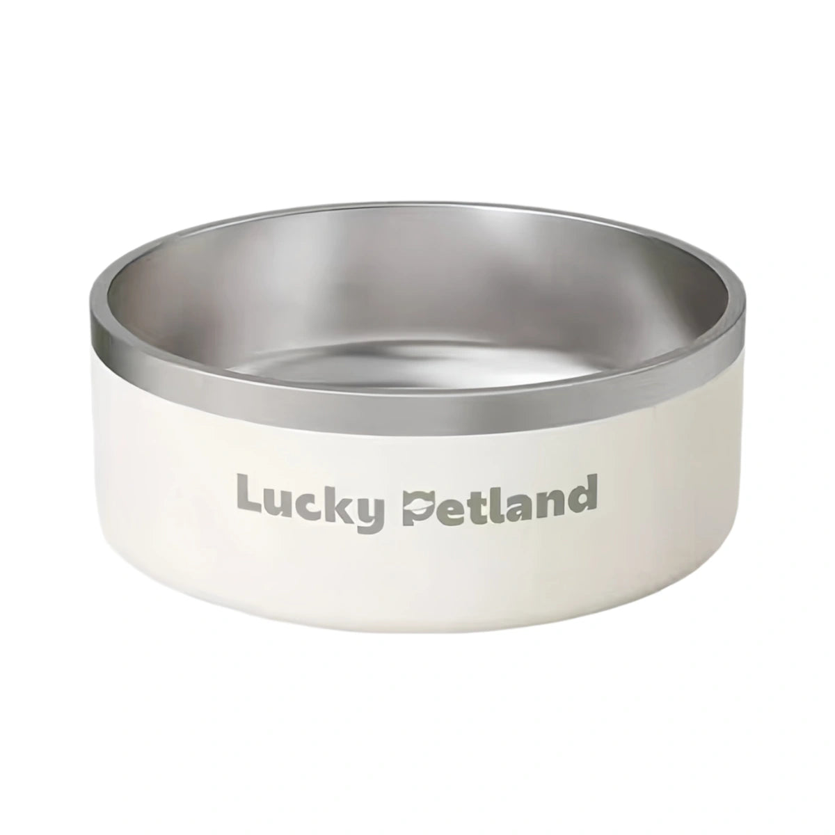 White LuckyPetland pet bowl with stainless steel liner, front view