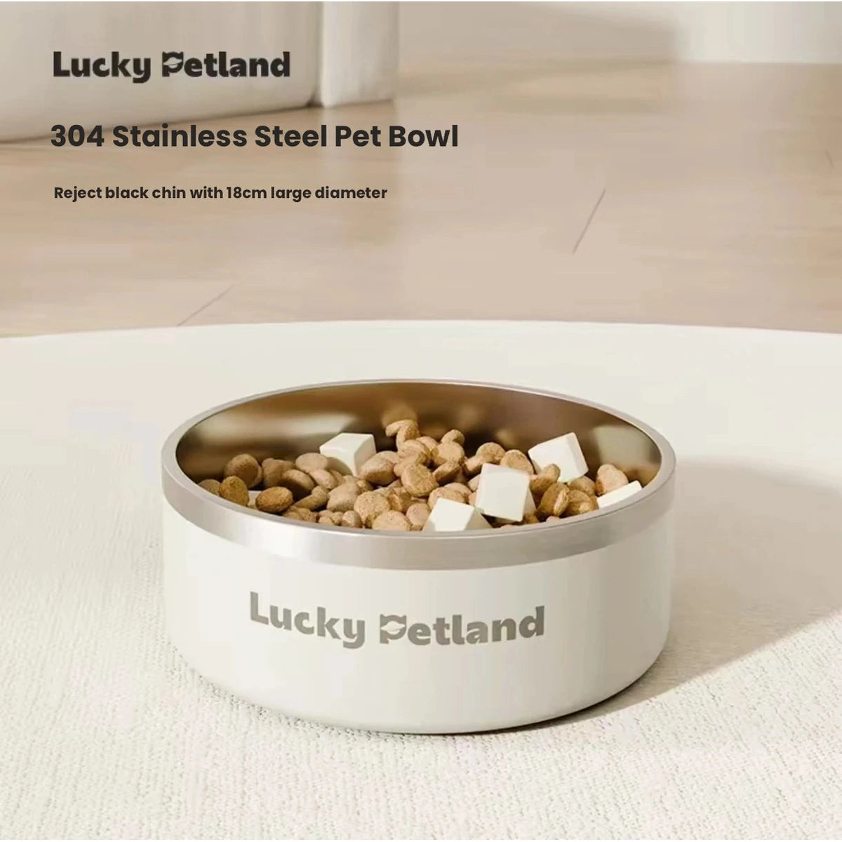 LuckyPetland stainless steel pet bowl filled with dry food