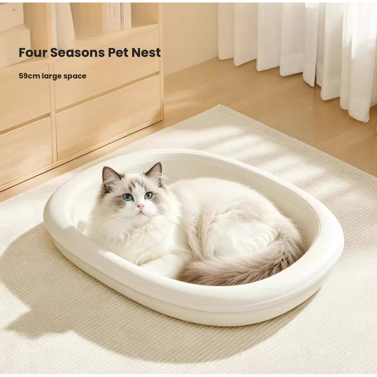 Cat relaxing in the white LuckyPetland washable pet bed at home