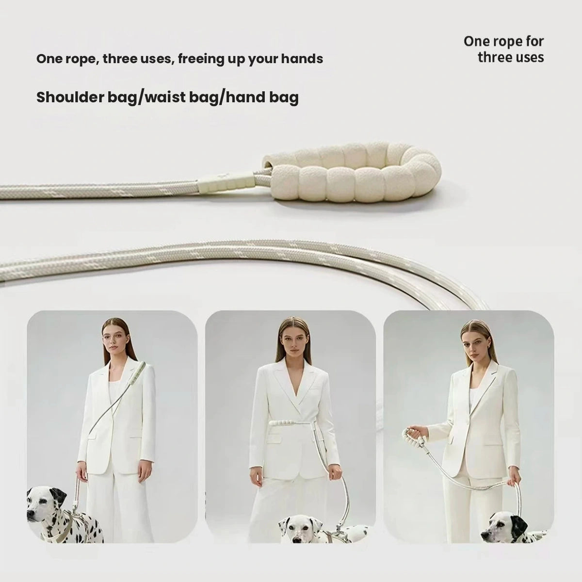 LuckyPetland white leash shown in hands-free walking positions