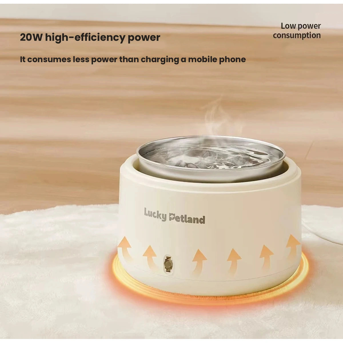 Heating function illustration for the beige LuckyPetland water bowl