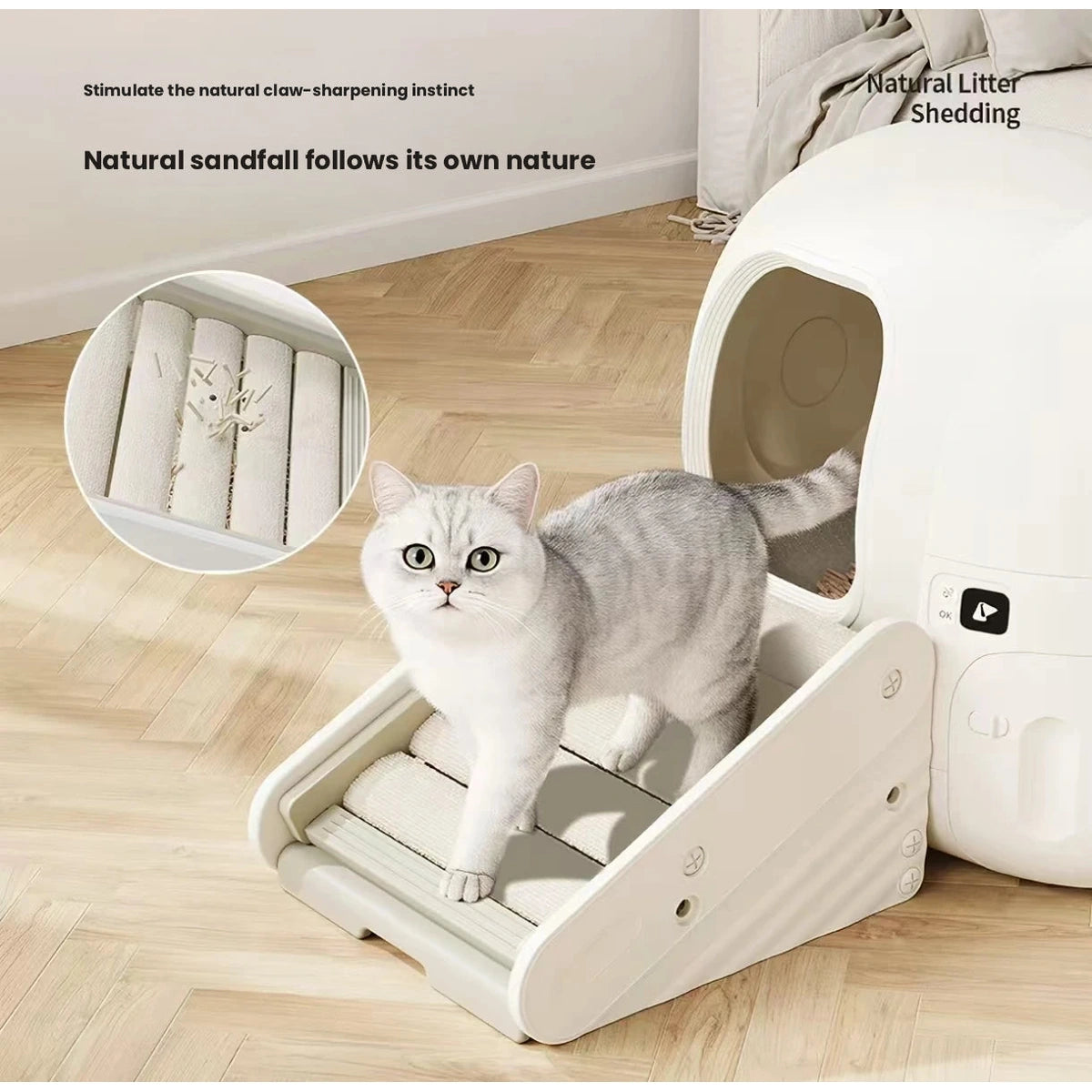 Cat stepping on the LuckyPetland litter ramp beside a litter box