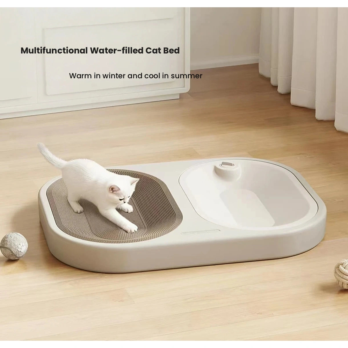 Cat standing on the LuckyPetland scratcher bed beside the cooling panel