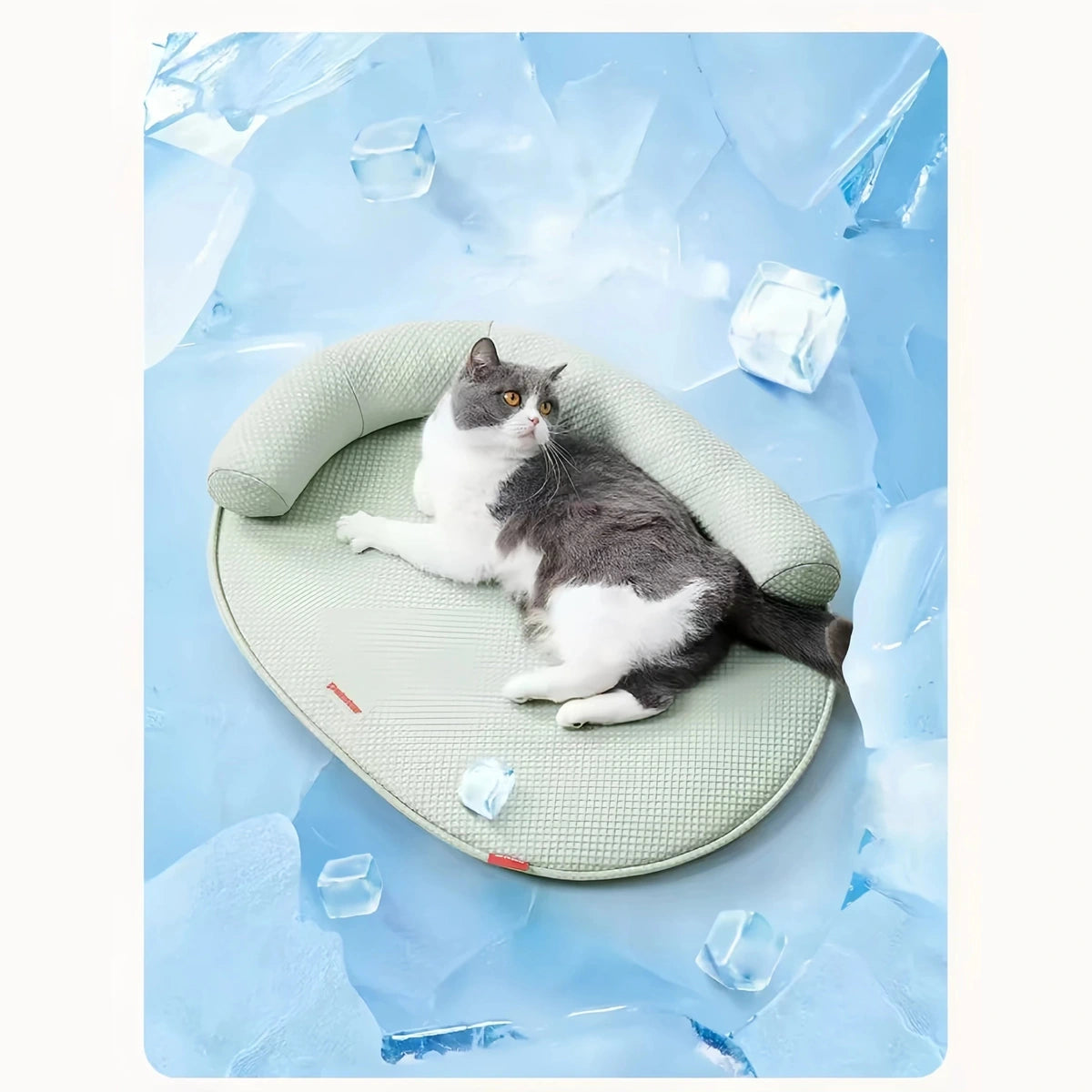 Cat resting on the green Petstar cooling mat in a summer scene