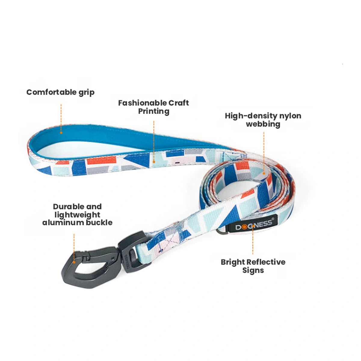 DOGNESS Mosaic Blue leash showing handle, cord and clip details