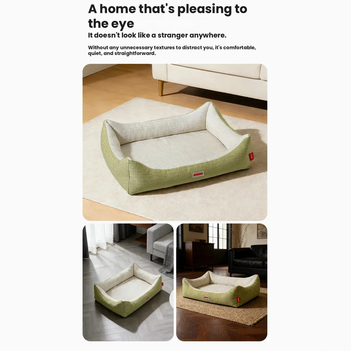 Petstar bed shown beside furniture with cat and dog use images