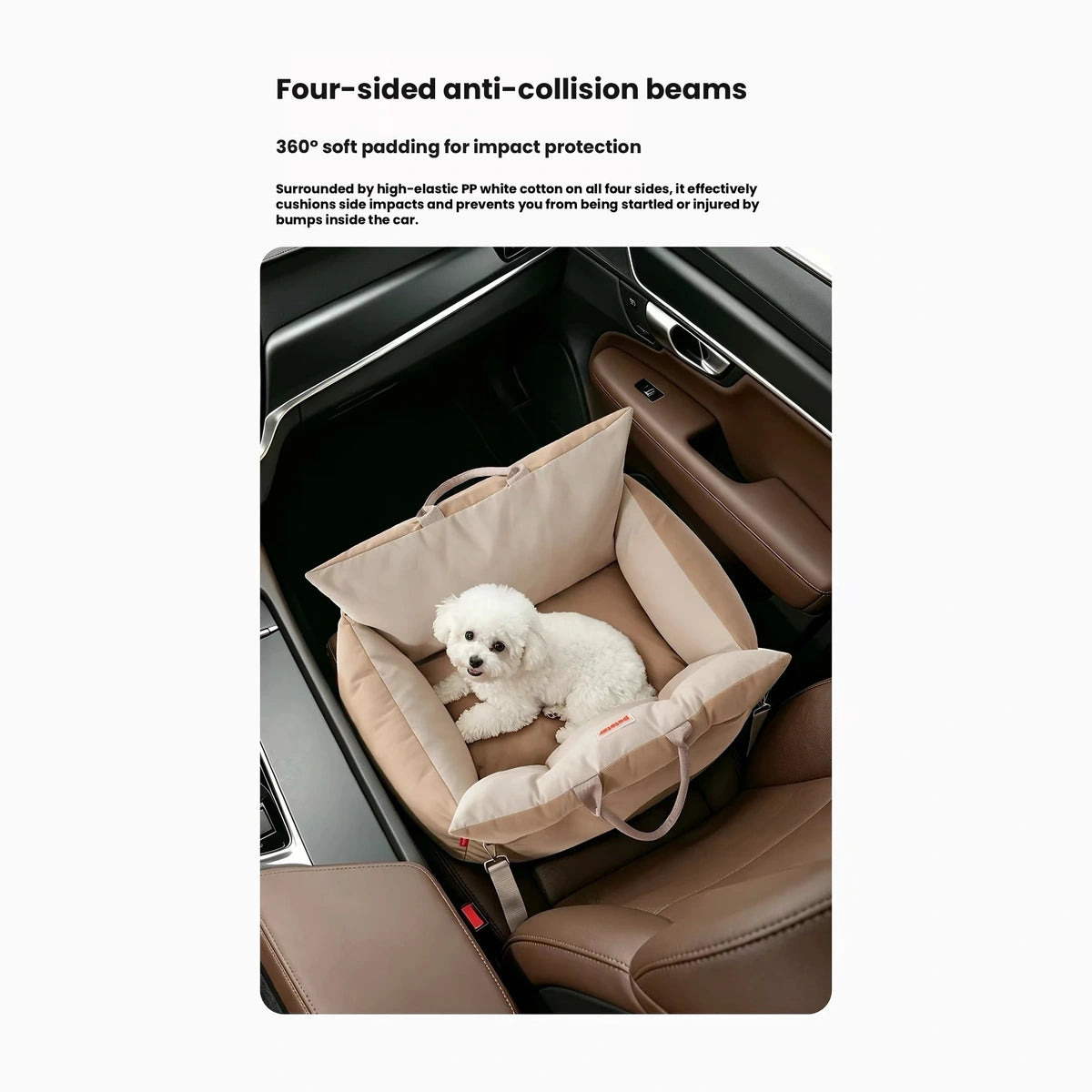 Small pet resting in the beige Petstar car bed in a vehicle